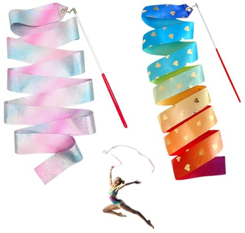 2 nastri per danza ritmica, 200 cm, per ginnastica, bacchetta per ballerina, per bambini, per danza artistica, spettacoli di carnevale e circo, bacchetta per twirling(Rosa,Arcobaleno)