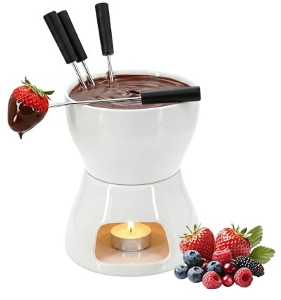 MoYouno Chocolate Fondue Cup Set,Ceramic Butter Warmer Set,Chocolate Melting Mug Fondue Pot with 4 Forks, Premium Tea Light Porcelain Melting Pot,Dishwasher-Safe Fondue Mug (White, 400ml)