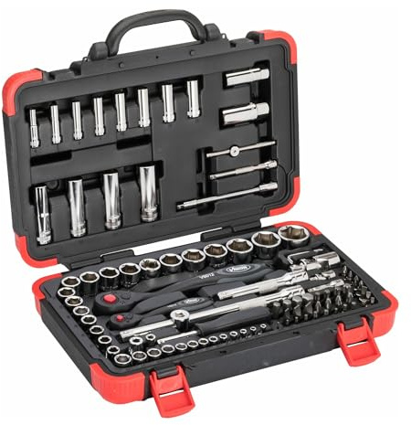 ViGOR 94-teiliger Steckschlüssel Satz V1706N, 1/4, 1/2 Vierkant, 5/16 Sechskant, Außen Sechskant, T Profil, vielseitig für Handbetätigung