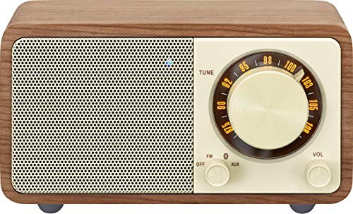 Radio de escritorio portátil Sangean WR-7 (sintonizador FM-RDS, Bluetooth, entrada auxiliar, altavoz incorporado, batería recargable (recargable)), nogal
