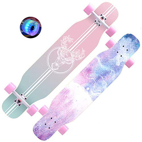HSGAV Longboard Kinder Anfänger 43 Zoll Vintage Fancy Cruiser Street Skateboards,Mädchen Jungen Erwachsene Profis Old School Pinsel Street Buntem LED-Lichtrad Surfing Penny Board,Flesh