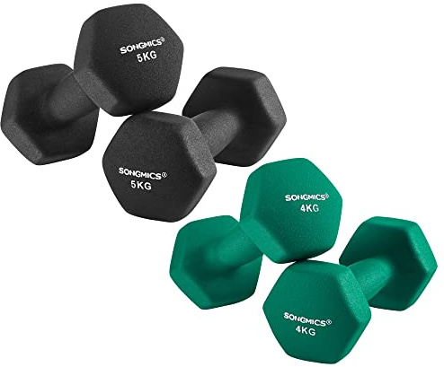 SONGMICS Hanteln, Kurzhanteln, 4er Set, 2 Davon 4 kg, 2 Davon 5 kg, Krafttraining, zu Hause, im Büro, Fitnessstudio, schwarz and grün SYL600BK