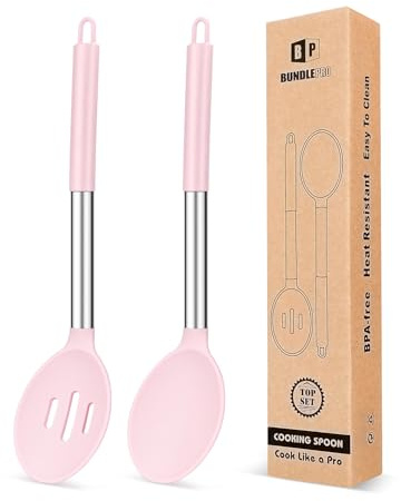 Pack of 2 Large Silicone Cooking Spoons,Non Stick Solid Basting Spoon,Heat-Resistant Kitchen Utensils for Mixing,Serving,Draining,Stirring (Pink)