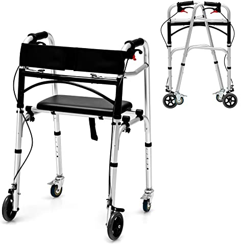 Goplus Walkers for Seniors, 4-in-1 Folding Walker with 5’’ Wheels, Detachable Seat, Height Adjustable Stand Up Walker, Medical Walking Mobility Aid, 220lbs Rolling Walker for Adult Bariatric Handicap