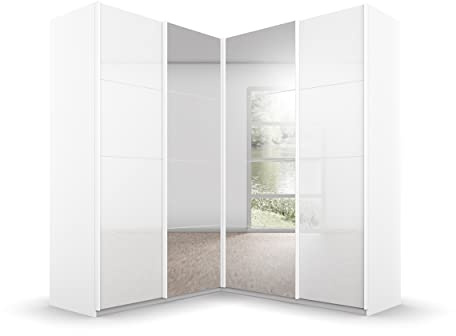 Rauch Möbel QUADRA, Eckschrank, Farbe Glas Weiß, Breite 181 cm | Eckschrank mit Schwebetüren, 4-türig, mit Spiegel und Glastüren, für Schlafzimmer, Gästezimmer, Ankleidezimmer, Garderobe