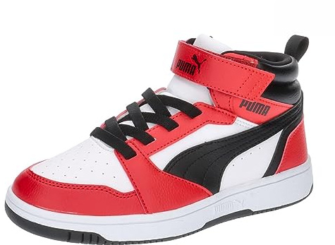 PUMA Puma Rebound V6 Mid Ac+ Ps, Scarpe da ginnastica Unisex - Bambini e ragazzi, Puma White Puma Black For All Time Red, 35 EU