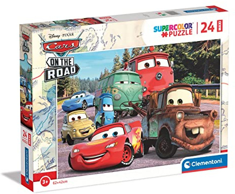Clementoni - 24239 - Supercolor Puzzle - Disney Cars On The Road - Puzzle 24 Maxi Teile Ab 3 Jahren, Buntes Kinderpuzzle Mit Besonderer Leuchtkraft & Farbintensität, Geschicklichkeitsspiel Für Kinder