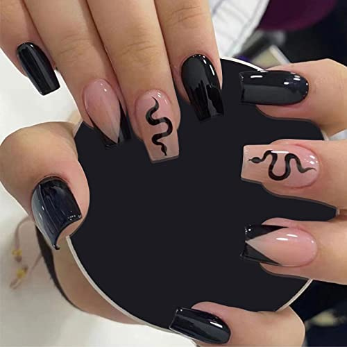 Ceboic 24 Stück Mittel Nude Nägel Zum Aufkleben Sarg, Schwarz Kunstnägel Press on Nails mit Schlange Design, Acryl Französische Tipp Fingernägel Fake Nails für Frauen und Mädchen