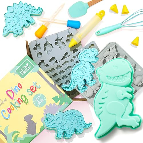 GET FRESH Dinosaurier Backset und Kochset für Kinder – 12- Stück Dino-Silikonbackformen-Set für Kinderbacken mit silikon Gummibärchen Formen und 3 Dinosaurier Fossilien Cookie Cutter Stempeln