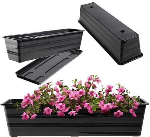 KADAX Fioriera 60 cm con sottobicchieri antracite, vaso da balcone in plastica, resistente alle intemperie, vaso per fiori, ringhiera per fiori, erbe aromatiche