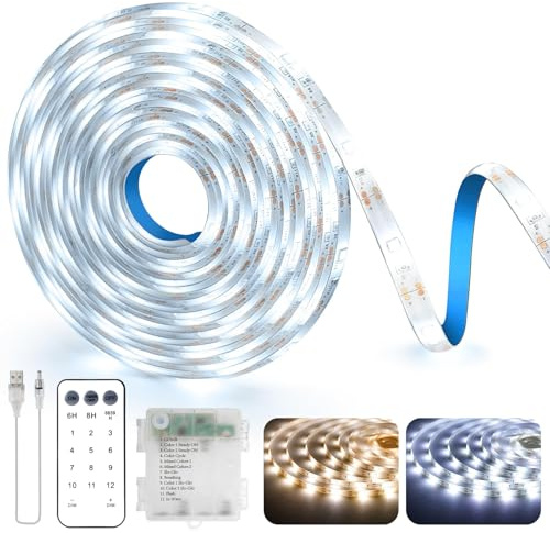 StarryEver LED Streifen Batterie, 5M 150LED kabellose LED Strip 2700K Warmweiß-6000K Kaltweiß mit Fernbedienung, Selbstklebende Lichtleisten, Dimmbar, für Regale, Schubladen, Garderoben, Schlafzimmer