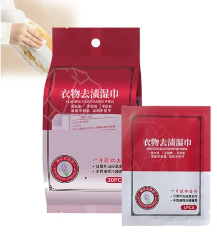 Lot de 20 lingettes humides détachantes pour vêtements, taches d'huile pour vêtements, etc. (1 sac)