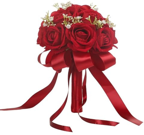 Blumenstrauß Romantische Hochzeits Brautstrauß Rot Rosen hält Blumen mit schönem Band Brautjungfer Hochzeitsstrauß künstliche Seidenblumen Handhaltung für Hochzeit