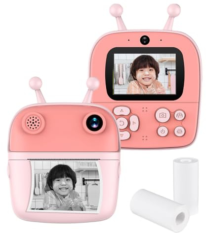 Andoer Instant Photo Camera for Children, 1080P, 2.4 Inch IPS Screen, Thermal Printing Paper, Pink and White