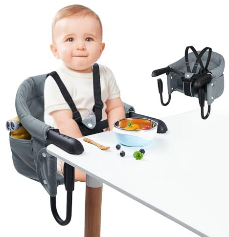 FIVMEN Tischsitz Baby Babysitz Tisch Faltbar Hochstuhl Sitzerhöhung Stuhlsitz mit Einteiliger Sicherheitsgurt und Rückenpolster für zu Hause und Unterwegs bis 15 kg, Grau