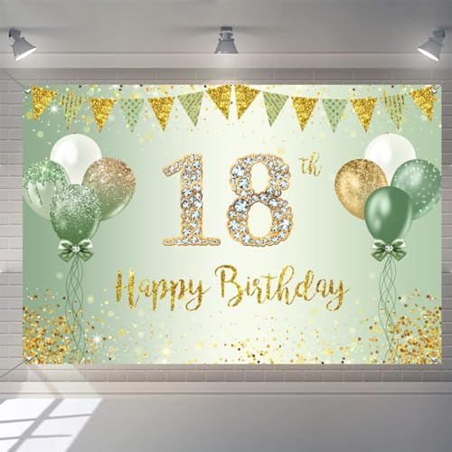 18. Geburtstag Mädchen Deko, 18 Geburtstag Banner Stoff Schild Plakat, 18th Birthday Hintergrund Banner Geburtstagsfeier Deko Kuchen Tabelle Bannerzubehör, Grün