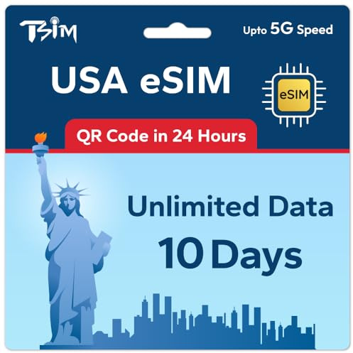 TSIM USA eSIM 10 Tage | Unbegrenzte Daten | Multi-Operator 5G | Automatische Aktivierung | Aufladen | Hotspot erlaubt | QR-Code innerhalb von 24 Stunden per E-Mail erhalten | Nur Daten