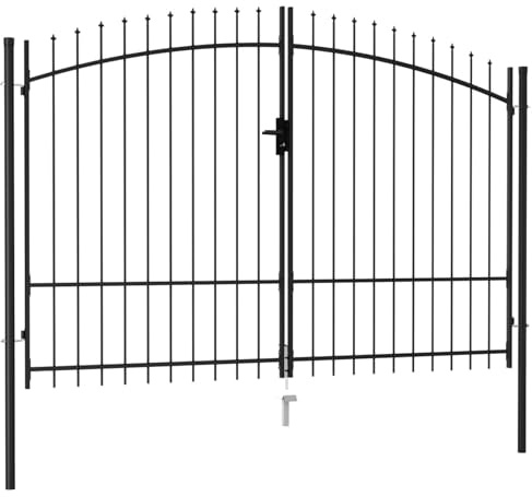 IKAYAA Cancello Doppio con Punte a Lancia Cancello per Recinzione a Doppia Anta Cancello da Giardino per Recinzione con Manico, Serratura e 3 Chiavi in Acciaio zincato-300 x 200 cm