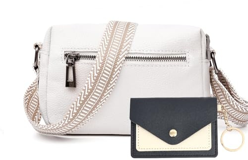 JinDouer Kleine Umhängetasche Damen mit Vielen Fächern, Modern Crossbody Bag Aus 100% Echtleder, Handtasche mit Breitem Tragegurt Stylische, Münzbörsen für Damen Senden (Weiß)