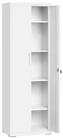 SONGMICS Aktenschrank, Mehrzweckschrank, Aufbewahrungsschrank, 5 Ebenen, 40 x 60 x 180 cm, Doppeltüren, Schloss, Werkzeug, verstellbare Ablagen, Garage, Büro, Wohnzimmer, mattweiß OMC014W01