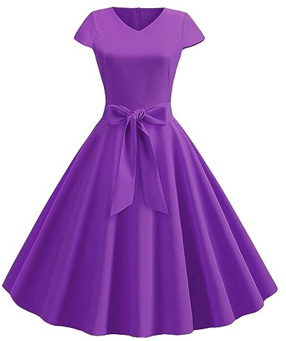 Robe de soirée longue élégante à col en V pour femme - Grandes tailles - Couleur unie - Robe noire - Robe de bal - Manches courtes - Élégante robe festive longue vintage - Robe d'hiver, lilas, S