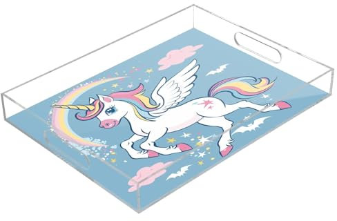 Flying Unicorn Rainbow Acrylic Serving Trays, Clear Rectangular Tray with Handles Serving Platter for Coffee Table Kitchen Bathroom