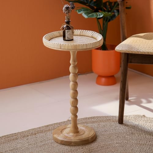 HuiDao Drink Table, Rattan Round Small Side Table for Small Spaces, Boho Circle Side Table Coffee Table with Solid Wood Leg for Living Room, Pedestal Table for Bedroom, Corners