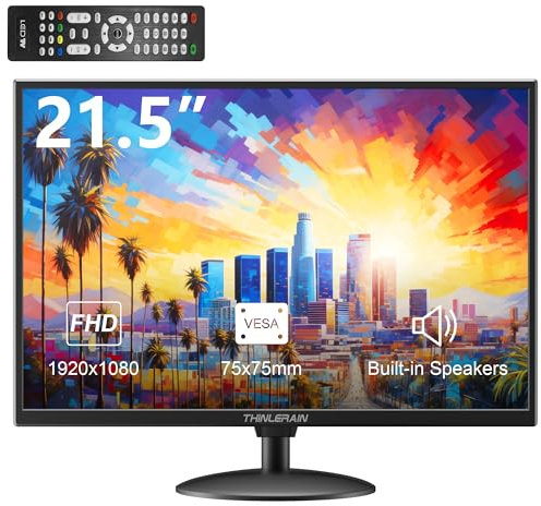 Thinlerain 21,5 Zoll Monitor 1920x1080p LED Bildschirm Computer Monitor mit VGA/HDMI/AV/BNC/USB, eingebautem Lautsprecher, 5Ms Reaktionszeit, 60 Hz Bildwiederholrate, VESA, Schwarz