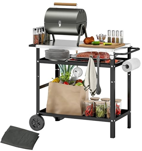 Outsunny BBQ Trolley Pizza Oven Table Stainless Steel Top Cover Black | Outdoor Kitchen Barbecue Station, Adjustable Shelf, Hooks, Seasoning Tray, Towel Rack, Movable Grill Dining Cart