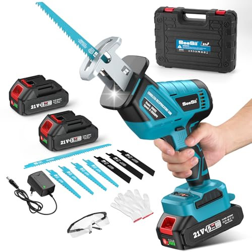 SEESII Sega a Gattuccio Batteria 21V, motore brushless a bassa rumorosità da 3500 SPM, sega universale con 2 batterie da 4,0 Ah, luce LED, 8 lame portatili per taglio legno PVC