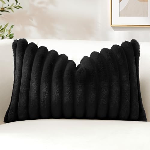 Sungeek 1 Stück Plüsch Samt Kissenbezug, Kunstpelz Weich Kissenbezüge Sofakissen Dekokissen Deko Zierkissenbezüge Flauschig Kissenhülle für Schlafzimmer Wohnzimmer (30x50cm, Schwarz)