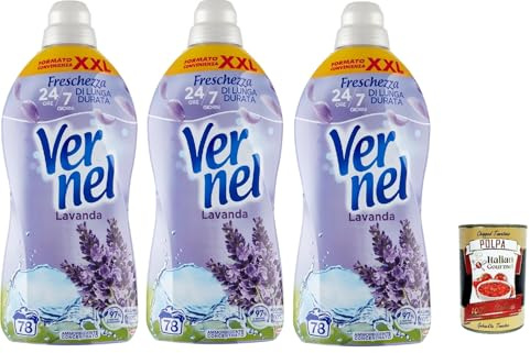 Vernel Lavanda Ammorbidente, Weichspüler, parfümierte konzentrierte Waschmaschine, intensive Frische und Weichheit, 3x 1,9 -Liter XXL -Verpackung + Italian Gourmet polpa 400g
