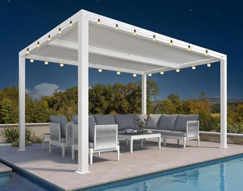 Pérgola bioclimática con cadena de luces LED, 4,24 x 3 m, rejillas ajustables de aluminio, 12,72 m², toldo de jardín al aire libre para patio, terraza, color blanco