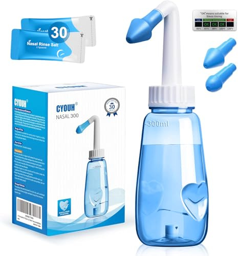 CYOUH Nasendusche Set, 300 ml, mit 30 Nasenwasch-Salzpaketen und Aufkleberthermometer，nasendusche erwachsene zur Nasenreinigung und Nasenspülung（Blau）