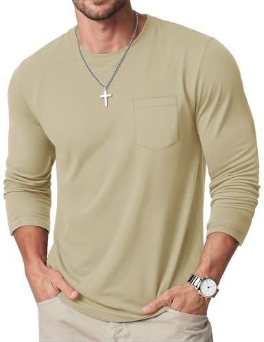 MAGCOMSEN Camiseta de Manga Larga Informal con Bolsillo para Hombre
