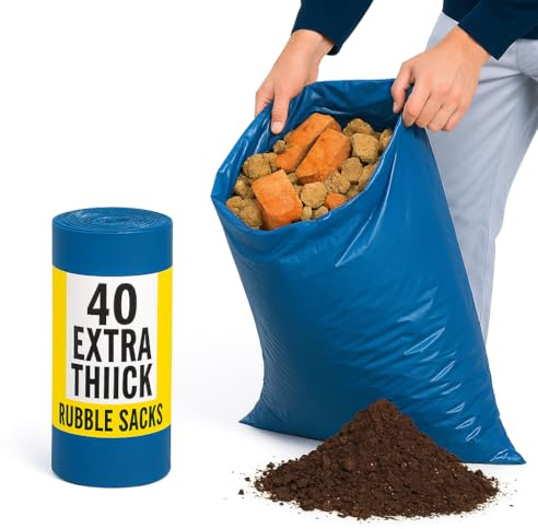 40 Rubble Sacks Heavy Duty Extra Thick Strong Rubble Sacks - For Garden Waste, Bricks, Soil, DIY Renovation, Construction Waste - Leak Resistant Heavy Duty 40 Pack 32L Bags - 100% Recyled Plastic