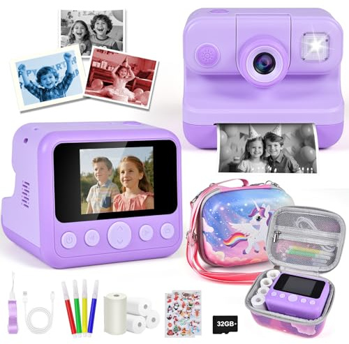 Elecoutek Kinderkamera – 30MP 1080P HD 2,4 Zoll Sofortbildkamera Kinder Mit Kameratasche, 32GB Karte & Druckpapier, Kinder Kamera Weihnachten Geschenk Für Jungen Mädchen 3-12 Jahren (Lila)