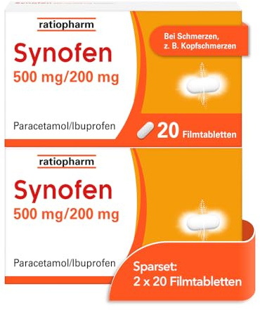 Synofen von ratiopharm im Sparset 2 x 20 Stück, bei Schmerzen | Schnell, stark und gut verträglich gegen Schmerzen – mit der Wirkstoffkombination aus Paracetamol und Ibuprofen