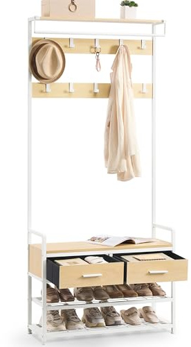 VASAGLE Klädställning, entrémöbler med 10 avtagbara krokar, 2 lådor, skobänk, separat design, 30 x 80,4 x 181,6 cm, matt guld och vit ek HSR429YA01