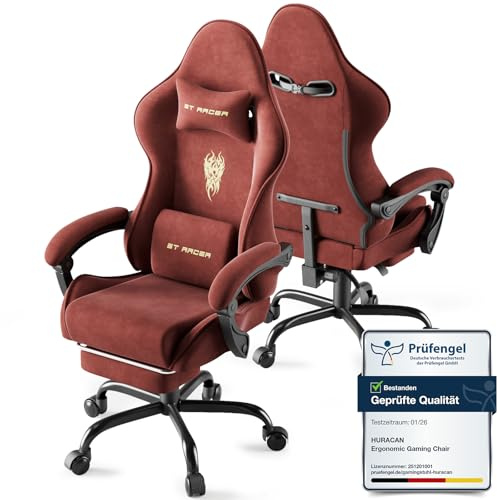 Huracan Sedia Gaming con Poggiapiedi, Ergonomica Poltrona da Gaming,Sedia da Gamer traspirante in microfibra, per gaming, con poggiatesta regolabile e cuscino lombare, braccioli (rosso)