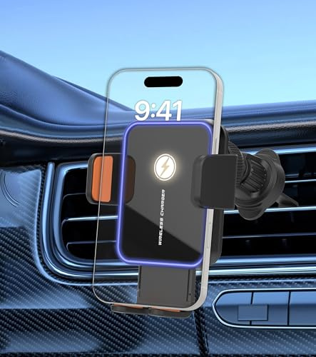 15W Handyhalterung Auto mit Ladefunktion, Induktive Ladestation Auto mit Metallhaken, LED-Beleuchtung, 360°-Drehung, Kfz Ladegerät Handyhalter Lüftung für iPhone 17/16/15/14/13 & Samsung, Schnellladen