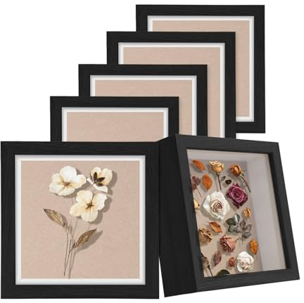 Wazzio 6 Pack 5x5 Inches Shadow Box Frame, 1 Inch Depth Wood Display Case for Wedding Memories, Photos, Memorabilia, Crafts, Tickets, Medals and Souvenirs, Wall and Tabletop Picture Frame, Black