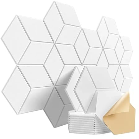 Akustikpaneele 12 Pack Hexagonal Self-adhesive Acoustic Panels Sound Proof Foam Y-Lined Design to Absorb Noise Eliminate Echoes(Y-Cut Hexagon White)