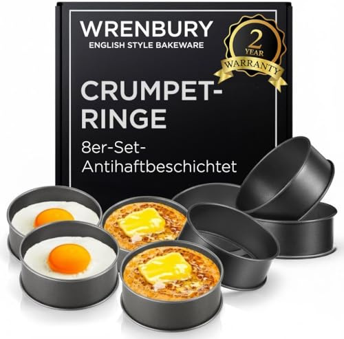 Wrenbury Crumpet-Ringe, 8er-Set, Antihaftbeschichtet - Pancake Form 9cm - große runde Kuchenringe aus Karbonstahl - hergestellt in Großbritannien