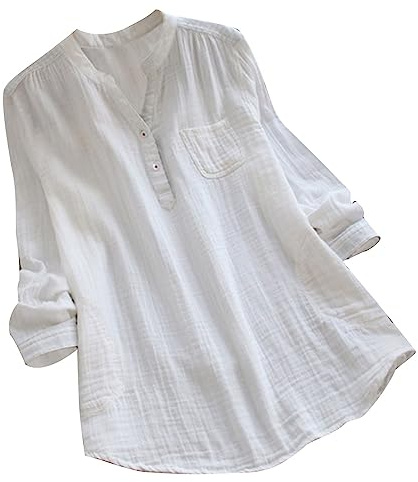 Gauze Linen Shirt Women UK Plus Size, Ladies Cotton Linen T-Shirts Elegant Long Sleeve Button Henley V Neck Casual Lagenlook Longline Summer Blouses Boho Plain Tee Shirt Long Tunic Tops