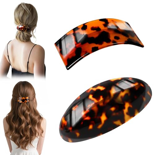 2 Stück Haarklammer,7.5x4cm Mittlere Französischer Haarspange,Rutschfeste Krallenclip Acetat Haarklemmen Damen,Starker Halt Bananen Clips für Frauen Updo Bun Langes Dickes Haar(Rot Bernstein)