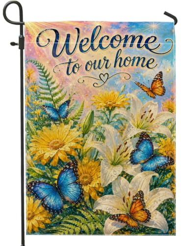 Drapeau de jardin en forme de papillon, fleurs de tournesol printanières, lys de tournesol, jaune printemps, toile de jute double face, drapeaux décoratifs pour extérieur, porche, pelouse, terrasse