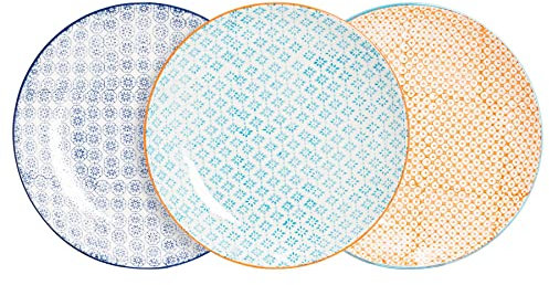 Nicola Spring Hand-Printed Dinner Plates - 25.5cm - 3 Colours - Pack of 6 - Porcelain Decorative Patterned Dining Dish Plates for Snacks, Starters, Dinner, Dessert