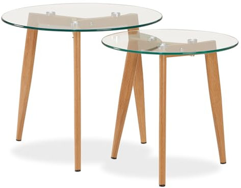 Homestyle4u 1822, Glastisch Couchtisch Beistelltisch Glas Rund Holz 2-er Set, Tisch Groß Ø 50 Klein Ø 40 cm