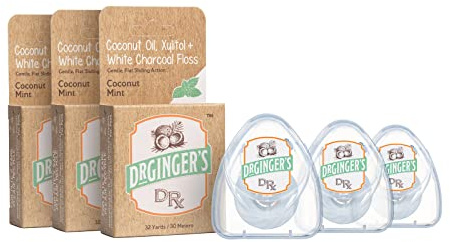 Dr. Ginger's White Charcoal Dental Floss, Coconut Mint, Flat Floss with Coconut Oil + Xylitol + White Charcoal, Whitens Between Teeth, 32 Yards Each, 3 Pack